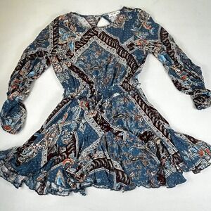 Perfectly Priscilla Boho Paisley 90s y2k Mini Dress Women S Long Sleeve Keyhole